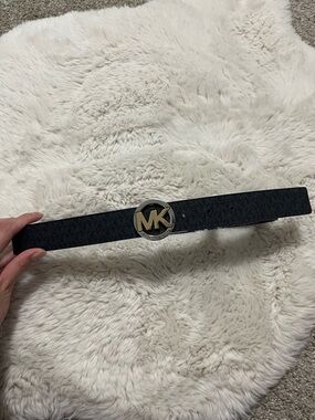 Michael Kors Black Belt with Gold MK Round Buckle